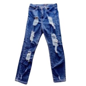 High Waisted Size 11 Distressed Blue Jeans Y2k High Rise Stretchy Ripped Denim